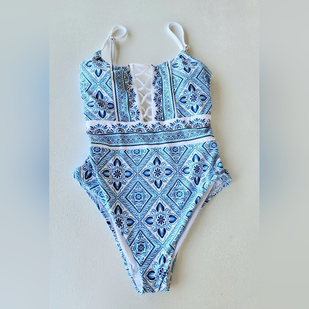 La Blanca Blue & White Tile-Print One-Piece Swim Suit with Lace-Up Front - Picture 4 of 9